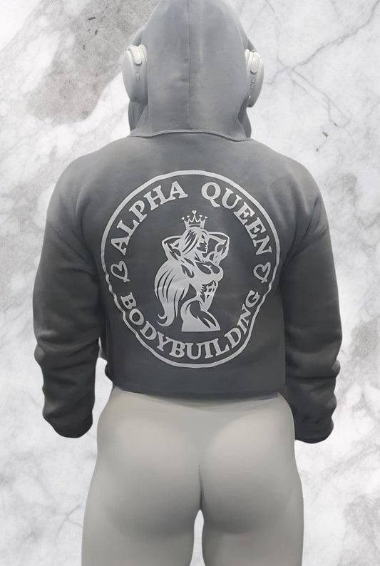 Deep Heather Grey Crop Top Hoodie Fleece White Logo